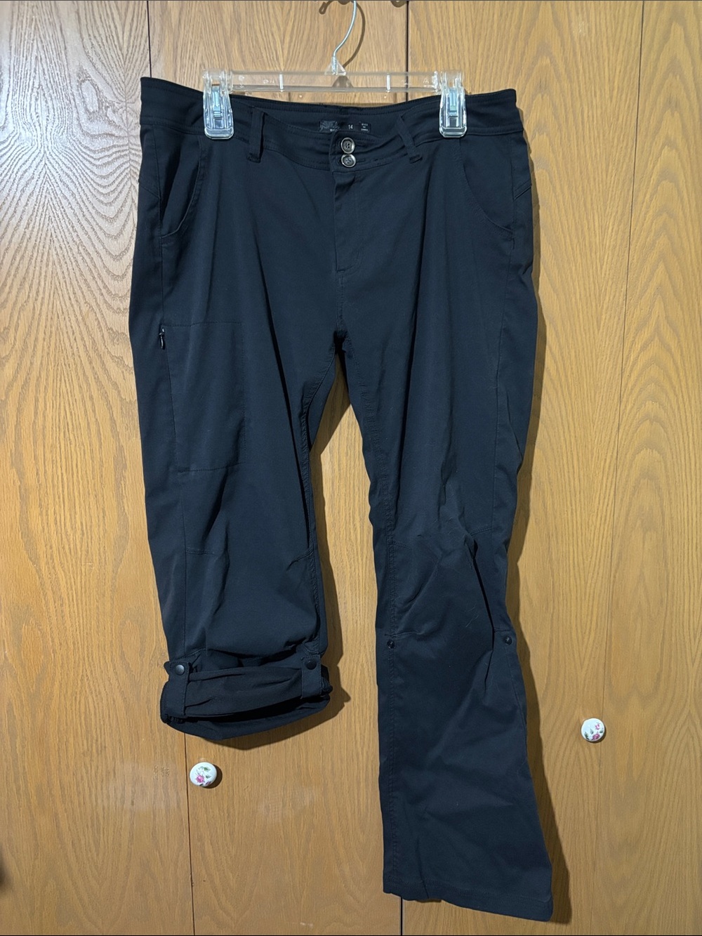 prana women’s 14 halle pants hiking worn in crotch pockets snap up legs